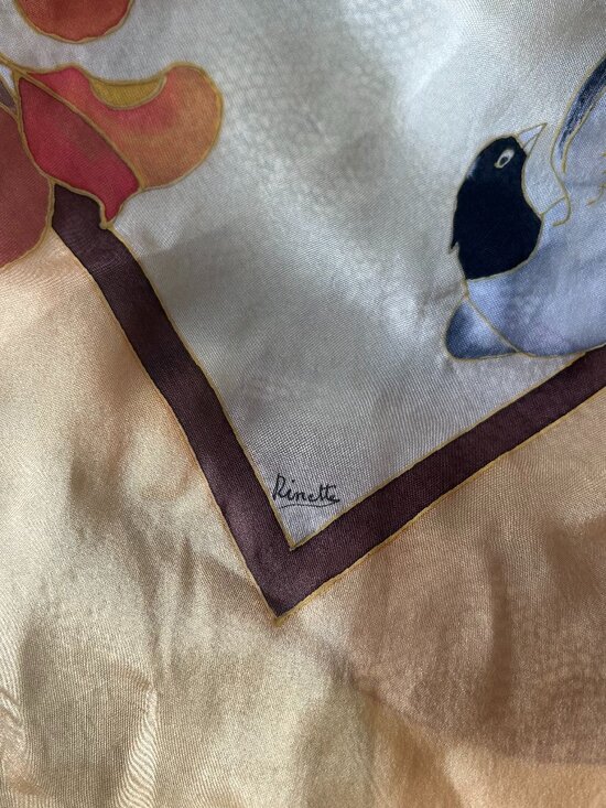 Lovely 100% Silk Scarf Print 34 inches square floral orange yellow but with SNAG - Picture 6 of 8